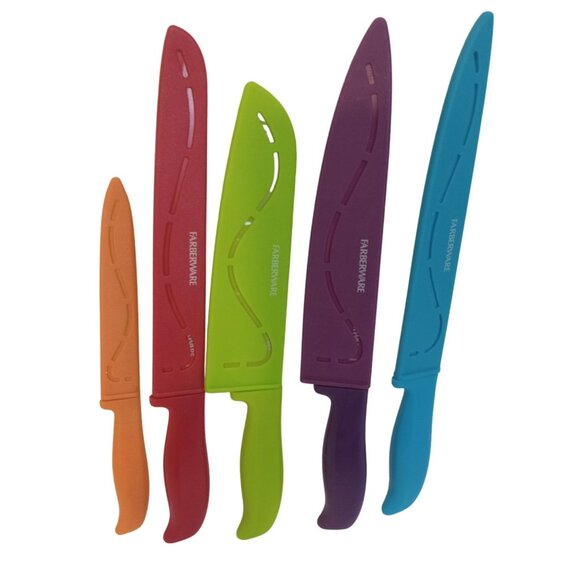 Farberware Cutlery Knife Set 5 Piece Red Orange Green Blue Purple With Sheaths - Picture 1 of 6